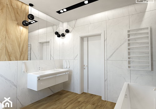 Projekt łazienki w wykorzystaniem ponadczasowej Calacatty :) - Średnia bez okna z lustrem z dwoma umywalkami z punktowym oświetleniem łazienka, styl minimalistyczny - zdjęcie od Strzelecka Design