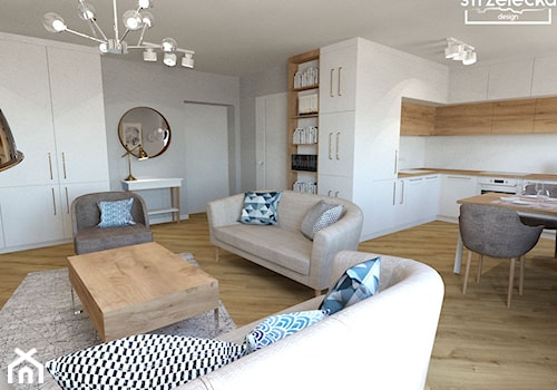 Mieszkanie w kolorach nude - Średni szary salon z kuchnią z jadalnią, styl skandynawski - zdjęcie od Strzelecka Design