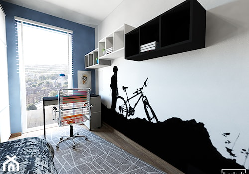 Pokój miłośnika wycieczek rowerowych - Mały biały czarny niebieski pokój dziecka dla nastolatka dla chłopca, styl nowoczesny - zdjęcie od Strzelecka Design