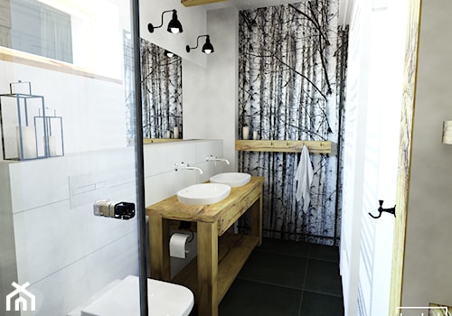 Łazienka w stylu Modern Farmhouse - Mała z lustrem z dwoma umywalkami ze szkłem na ścianie łazienka z oknem, styl vintage - zdjęcie od Strzelecka Design