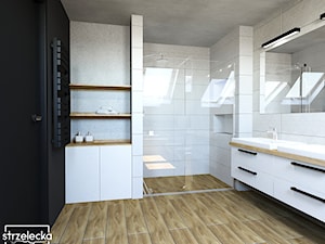 Łazienka na poddaszu - Średnia na poddaszu z lustrem z dwoma umywalkami łazienka z oknem, styl nowoczesny - zdjęcie od Strzelecka Design