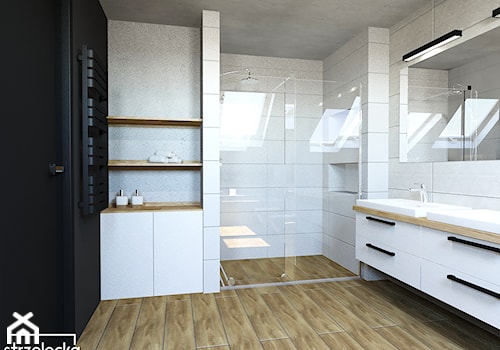 Łazienka na poddaszu - Średnia na poddaszu z lustrem z dwoma umywalkami łazienka z oknem, styl nowoczesny - zdjęcie od Strzelecka Design