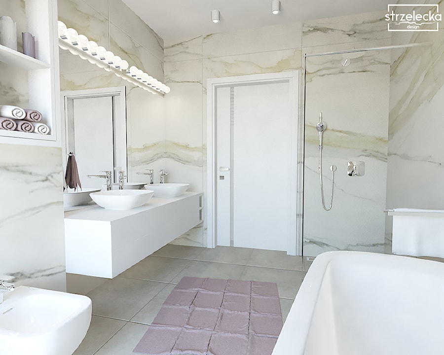 Łazienka z wykorzystaniem płytki calacatta i pudrowego różu - Średnia bez okna z lustrem z dwoma umywalkami z punktowym oświetleniem łazienka, styl nowoczesny - zdjęcie od Strzelecka Design