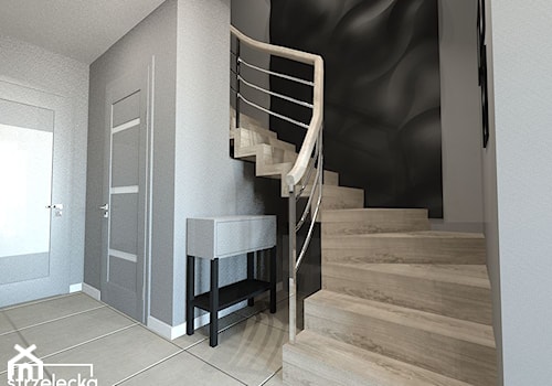 Korytarz ze schodami dywanowymi - Duży czarny szary hol / przedpokój, styl nowoczesny - zdjęcie od Strzelecka Design