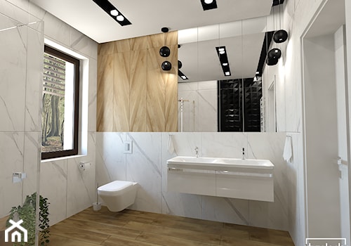 Projekt łazienki w wykorzystaniem ponadczasowej Calacatty :) - Średnia z lustrem z dwoma umywalkami z punktowym oświetleniem łazienka z oknem, styl minimalistyczny - zdjęcie od Strzelecka Design