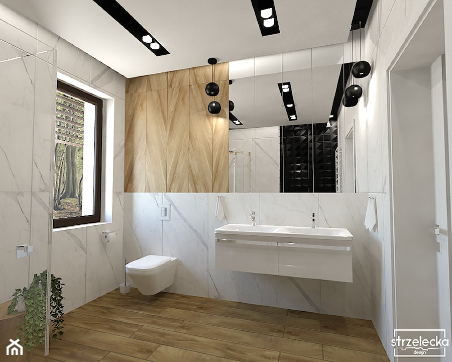 Projekt łazienki w wykorzystaniem ponadczasowej Calacatty :) - Średnia z lustrem z dwoma umywalkami z punktowym oświetleniem łazienka z oknem, styl minimalistyczny - zdjęcie od Strzelecka Design