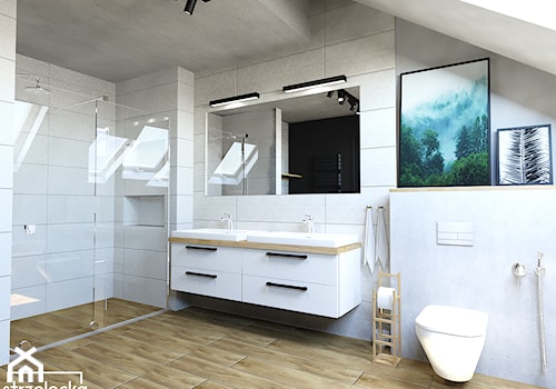Łazienka na poddaszu - Duża na poddaszu z lustrem z dwoma umywalkami z punktowym oświetleniem łazienka z oknem, styl nowoczesny - zdjęcie od Strzelecka Design