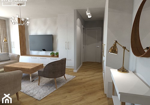 Mieszkanie w kolorach nude - Mały szary hol / przedpokój, styl skandynawski - zdjęcie od Strzelecka Design