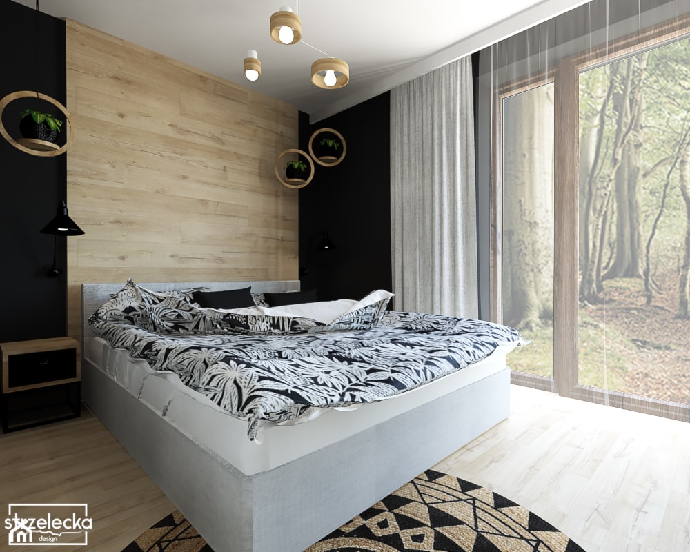 Sypialnia z garderobą - dom w lesie - Średnia czarna sypialnia, styl skandynawski - zdjęcie od Strzelecka Design - Homebook