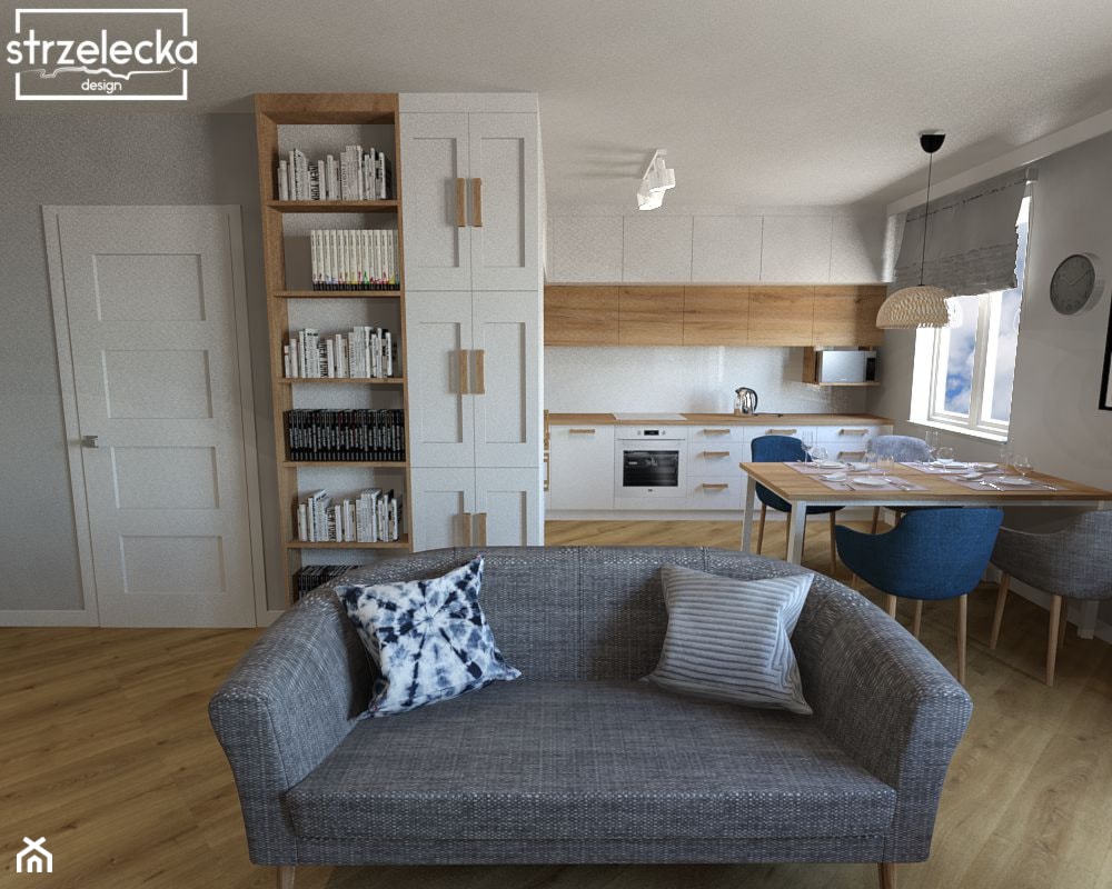 Salon z kuchnią z grantowymi dodatkami - Szary salon z kuchnią z jadalnią z bibiloteczką, styl nowoczesny - zdjęcie od Strzelecka Design - Homebook