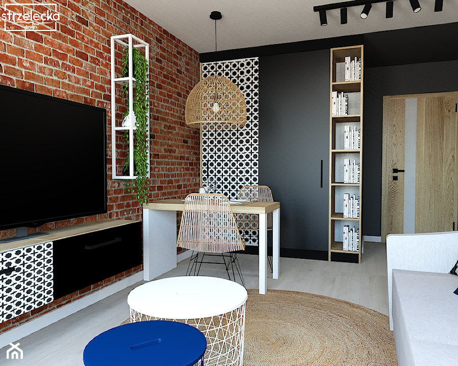 Salon w loftowym klimacie - Mały czarny salon z jadalnią, styl nowoczesny - zdjęcie od Strzelecka Design