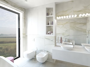 Łazienka z wykorzystaniem płytki calacatta i pudrowego różu - Średnia z lustrem z dwoma umywalkami z punktowym oświetleniem łazienka z oknem, styl nowoczesny - zdjęcie od Strzelecka Design