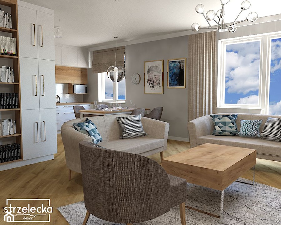 Mieszkanie w kolorach nude - Średni szary salon z kuchnią z jadalnią, styl skandynawski - zdjęcie od Strzelecka Design