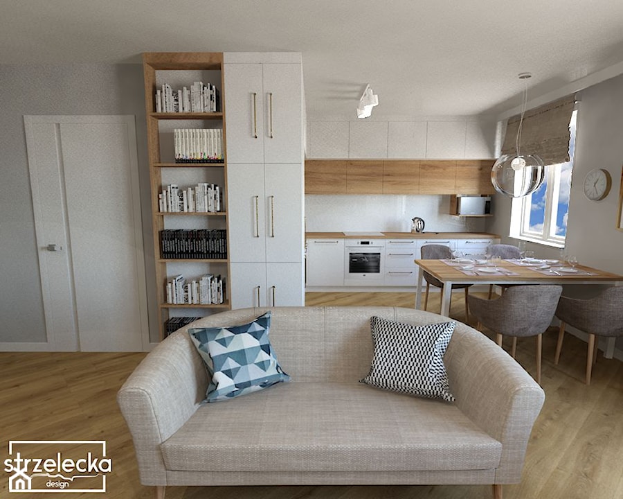 Mieszkanie w kolorach nude - Średnia otwarta z salonem biała z zabudowaną lodówką kuchnia w kształcie litery l z oknem, styl skandynawski - zdjęcie od Strzelecka Design