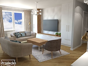Mieszkanie w kolorach nude - Średni szary salon z tarasem / balkonem, styl skandynawski - zdjęcie od Strzelecka Design