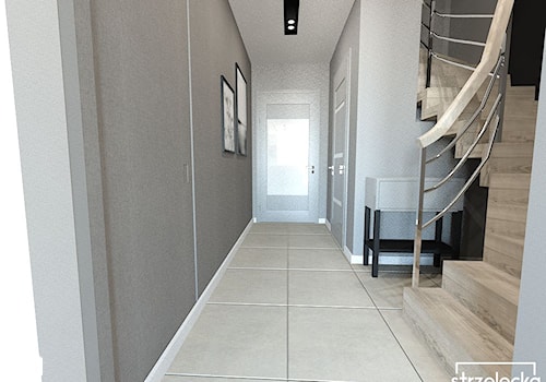 Korytarz ze schodami dywanowymi - Duży szary hol / przedpokój, styl nowoczesny - zdjęcie od Strzelecka Design