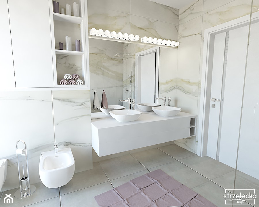 Łazienka z wykorzystaniem płytki calacatta i pudrowego różu - Średnia bez okna z lustrem z dwoma umywalkami łazienka, styl nowoczesny - zdjęcie od Strzelecka Design