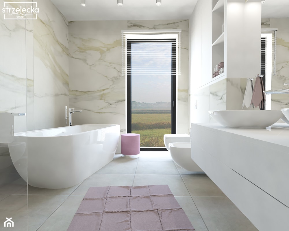 Łazienka z wykorzystaniem płytki calacatta i pudrowego różu - Średnia z dwoma umywalkami łazienka z oknem, styl nowoczesny - zdjęcie od Strzelecka Design - Homebook