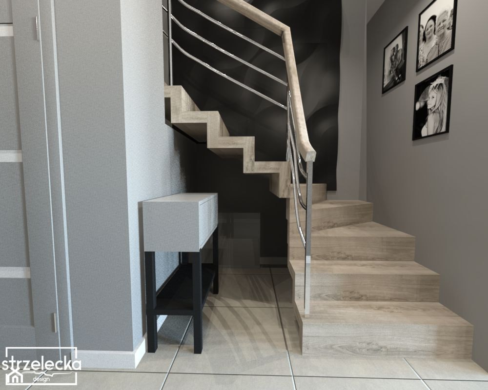 Korytarz ze schodami dywanowymi - Mały szary hol / przedpokój, styl nowoczesny - zdjęcie od Strzelecka Design - Homebook