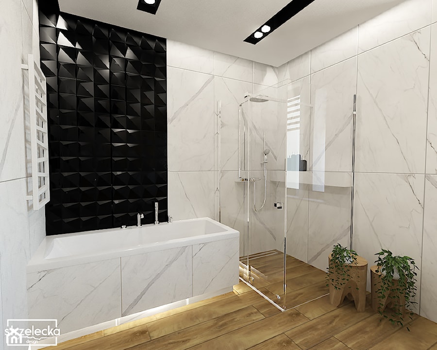 Projekt łazienki w wykorzystaniem ponadczasowej Calacatty :) - Średnia z punktowym oświetleniem łazienka z oknem, styl minimalistyczny - zdjęcie od Strzelecka Design