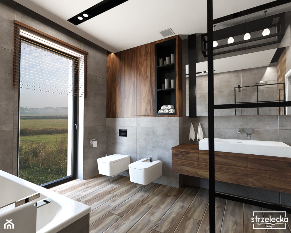 Męska łazienka - Średnia z dwoma umywalkami łazienka z oknem, styl nowoczesny - zdjęcie od Strzelecka Design - Homebook