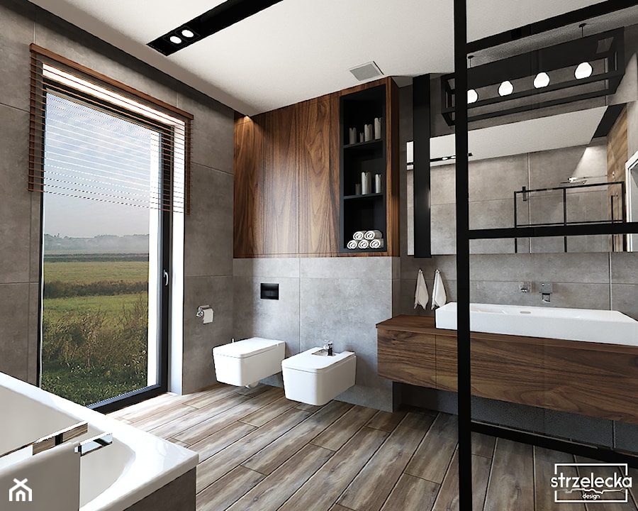 Męska łazienka - Średnia z dwoma umywalkami łazienka z oknem, styl nowoczesny - zdjęcie od Strzelecka Design
