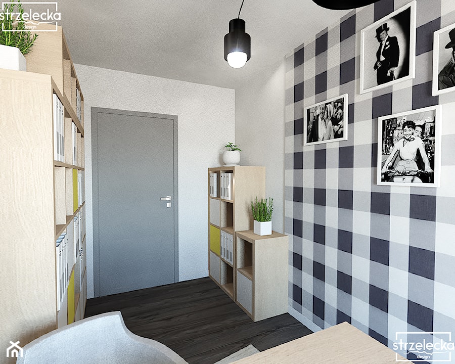 Domowe biuro - Małe szare z fotografiami na ścianie biuro, styl nowoczesny - zdjęcie od Strzelecka Design