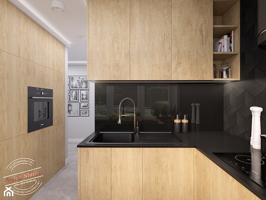 Mieszkanie 57 m2 - Średnia zamknięta czarna z zabudowaną lodówką z nablatowym zlewozmywakiem kuchnia w kształcie litery g z oknem, styl minimalistyczny - zdjęcie od Retro Studio