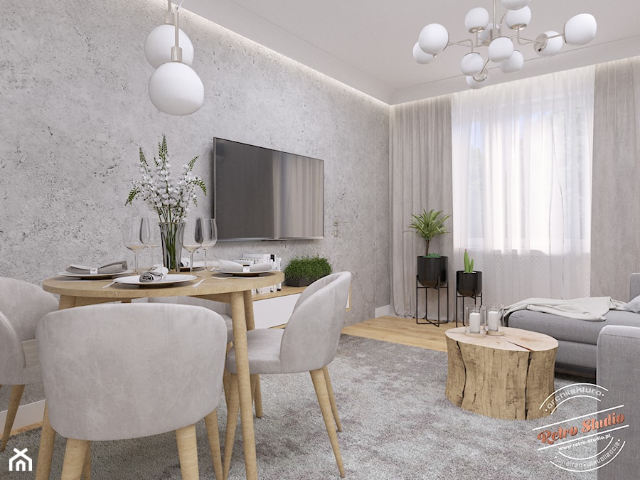Mieszkanie 57 m2 - Mały biały szary salon z jadalnią, styl glamour - zdjęcie od Retro Studio