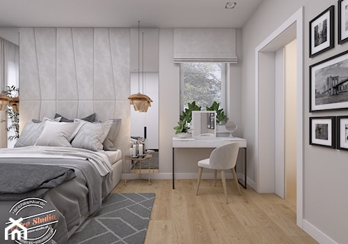 Sypialnia 16 m2 - Średnia beżowa szara sypialnia, styl nowoczesny - zdjęcie od Retro Studio
