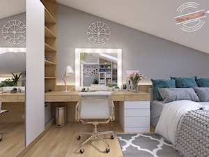 Poddasze AT - Średnia biała szara z biurkiem sypialnia na poddaszu, styl skandynawski - zdjęcie od Retro Studio