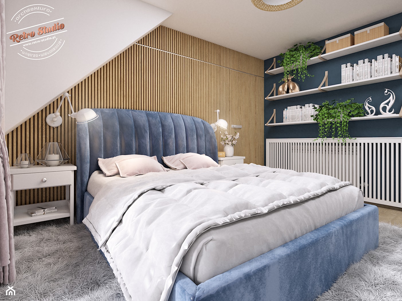 Sypialnia AK - Średnia biała niebieska sypialnia na poddaszu, styl skandynawski - zdjęcie od Retro Studio - Homebook