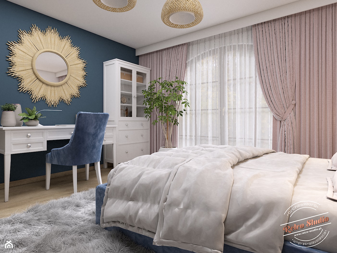 Sypialnia AK - Średnia biała niebieska sypialnia, styl skandynawski - zdjęcie od Retro Studio - Homebook