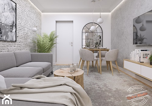 Mieszkanie 57 m2 - Mały biały szary salon z jadalnią, styl glamour - zdjęcie od Retro Studio