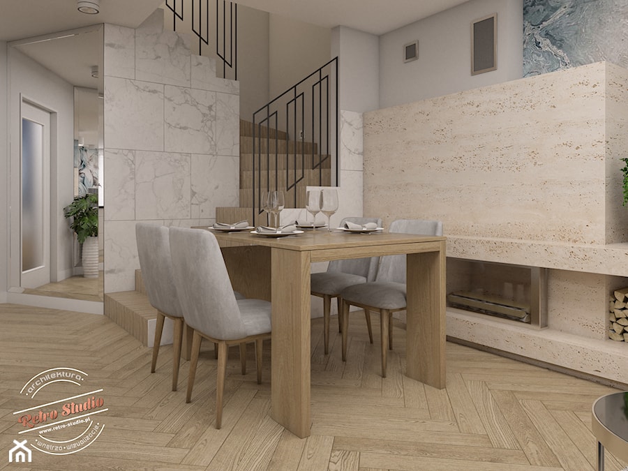 Projekt salonu z otwartą kuchnią w domu szeregowym - zdjęcie od Retro Studio