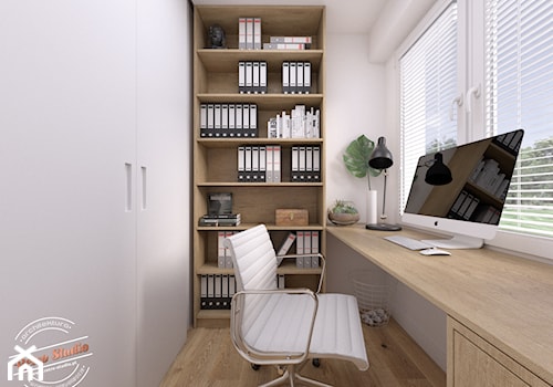 Mieszkanie 57 m2 - Małe w osobnym pomieszczeniu z zabudowanym biurkiem białe biuro, styl nowoczesny - zdjęcie od Retro Studio