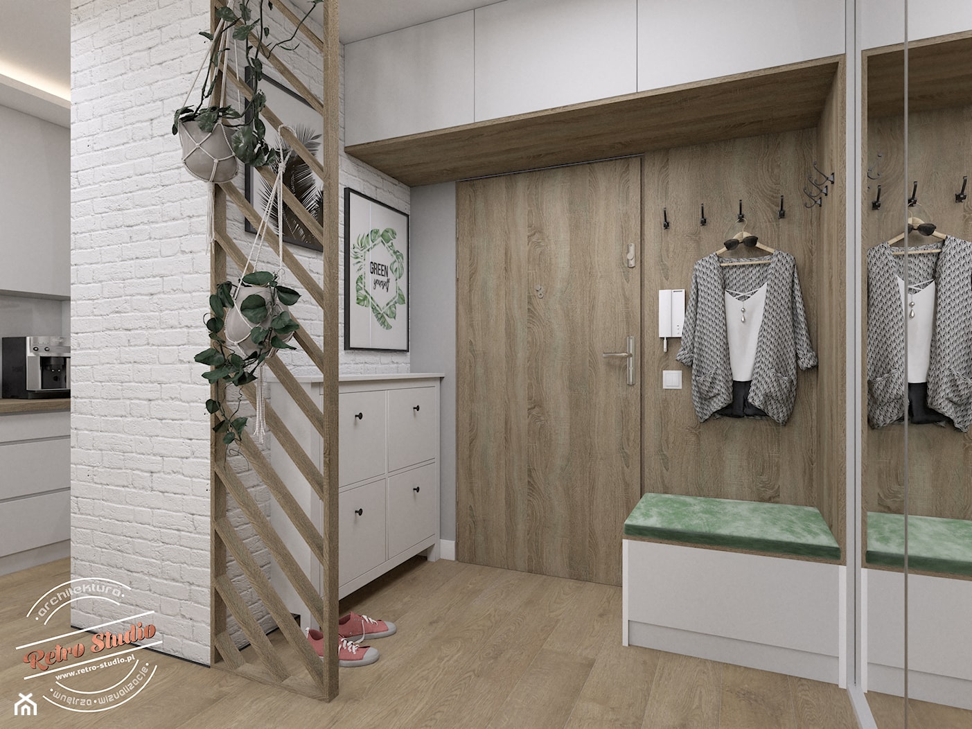 Mieszkanie SR - Mały z wieszakiem biały brązowy hol / przedpokój, styl skandynawski - zdjęcie od Retro Studio - Homebook