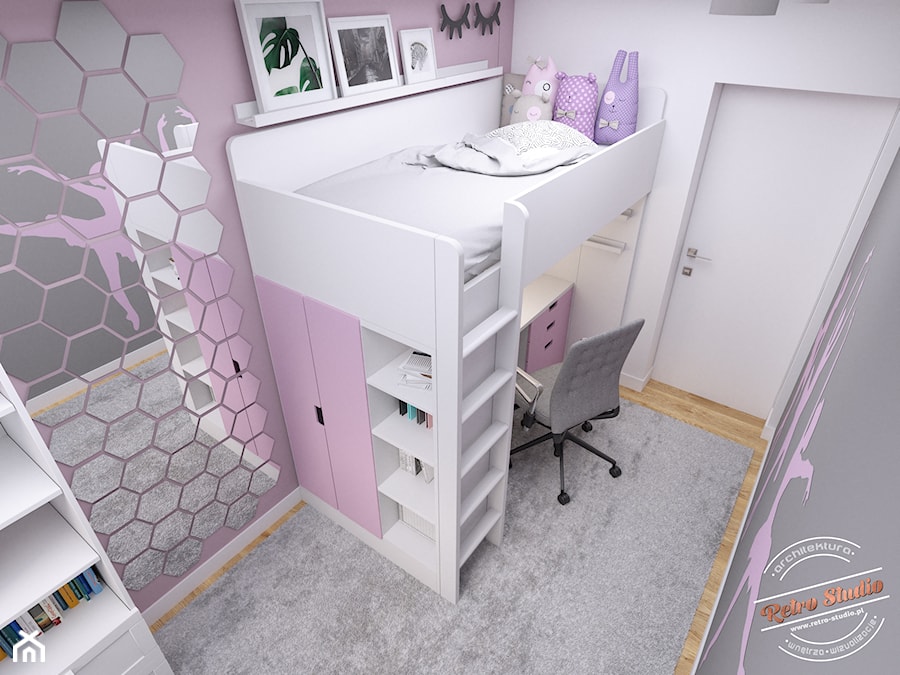 Mieszkanie 57 m2 - Średni biały szary pokój dziecka dla nastolatka dla dziewczynki, styl minimalistyczny - zdjęcie od Retro Studio