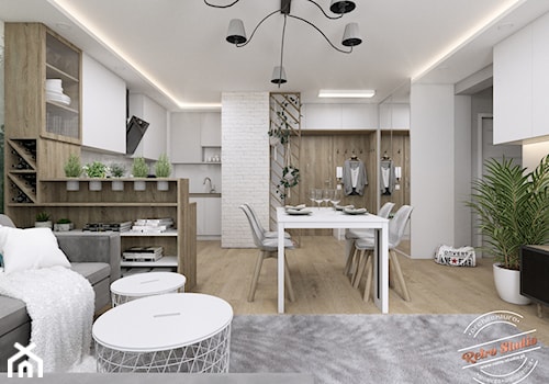 Mieszkanie SR - Średnia biała jadalnia w salonie w kuchni, styl nowoczesny - zdjęcie od Retro Studio