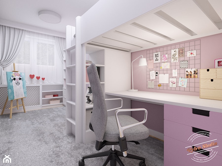 Mieszkanie 57 m2 - Średni biały różowy pokój dziecka dla nastolatka dla dziewczynki, styl skandynawski - zdjęcie od Retro Studio