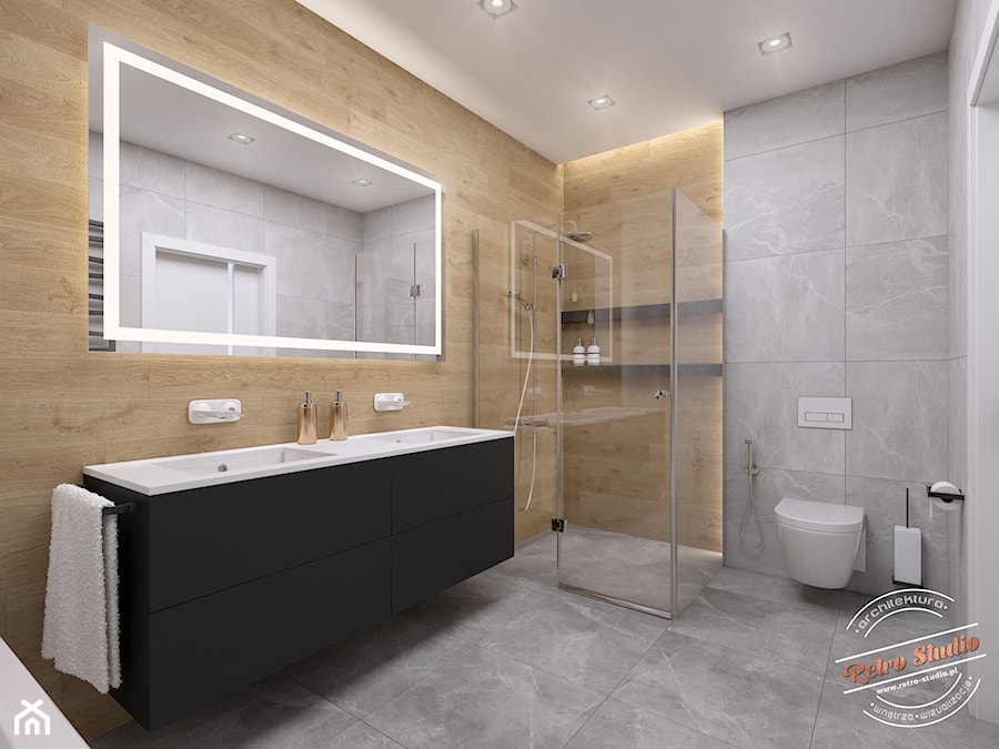 Łazienka 8 m2 - Średnia bez okna z dwoma umywalkami z punktowym oświetleniem łazienka, styl industrialny - zdjęcie od Retro Studio
