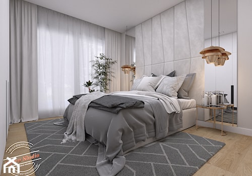 Sypialnia 16 m2 - Średnia beżowa szara sypialnia, styl skandynawski - zdjęcie od Retro Studio