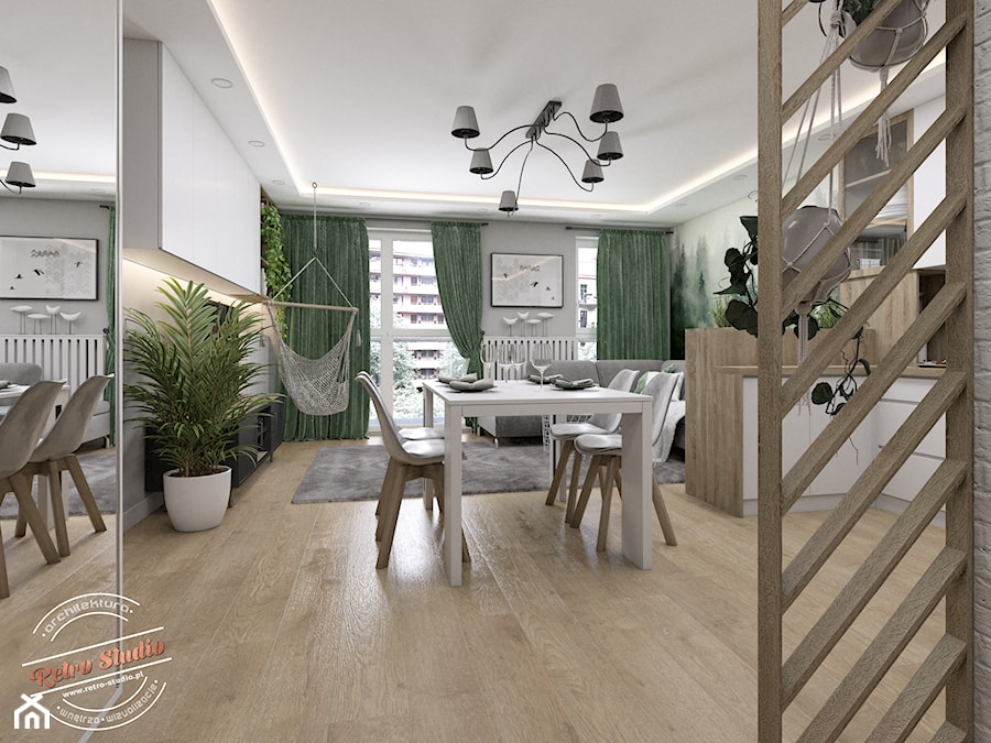 Mieszkanie SR - Średnia biała zielona jadalnia w salonie w kuchni, styl skandynawski - zdjęcie od Retro Studio