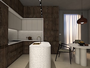 Elegancja w minimalizmie: Drewniano-marmurowa kuchnia z jadalnią