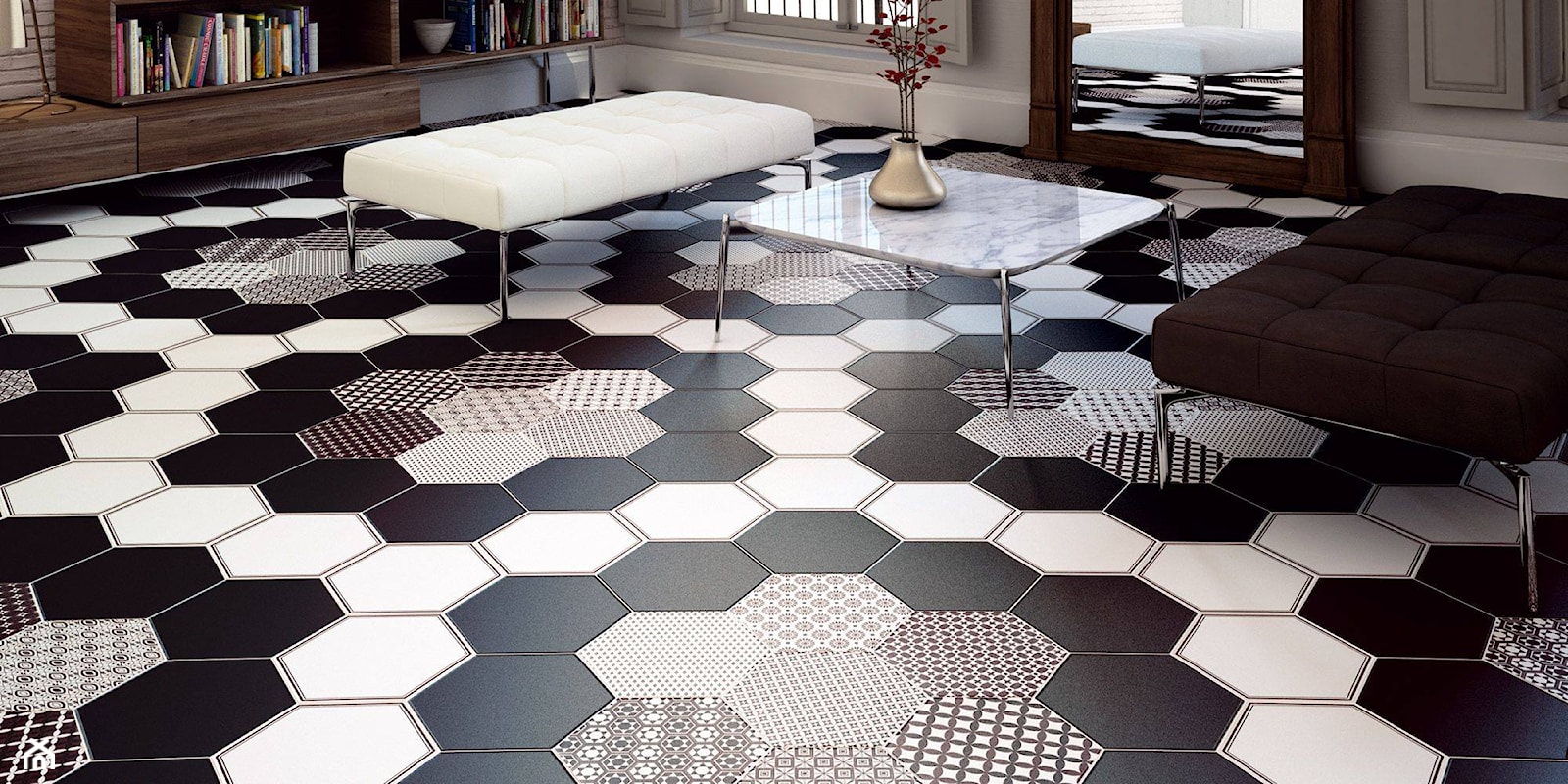 Płytki heksagonalne na podłodze w salonie - zdjęcie od Cerames - Homebook