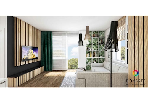 Mieszkanie dla czworga aktywnych. - Średni biały czarny salon z tarasem / balkonem z bibiloteczką, styl nowoczesny - zdjęcie od SZTUKA ARANŻACJI WNETRZ