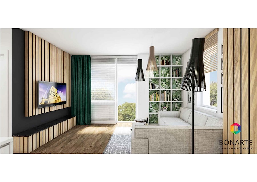 Mieszkanie dla czworga aktywnych. - Średni biały czarny salon z tarasem / balkonem z bibiloteczką, styl nowoczesny - zdjęcie od SZTUKA ARANŻACJI WNETRZ