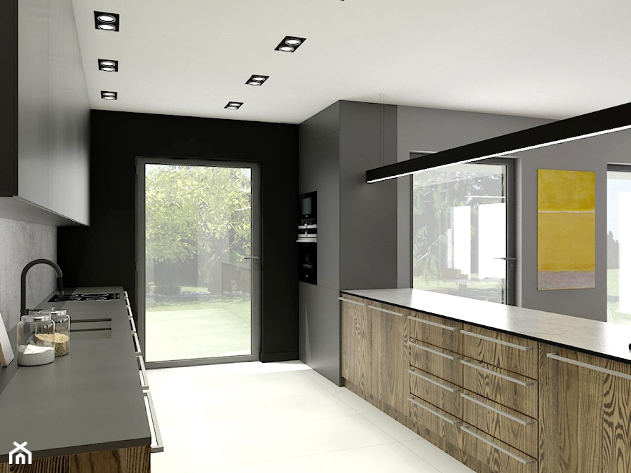 Antracytowe wnętrze - Duża otwarta z kamiennym blatem czarna z zabudowaną lodówką z podblatowym zlewozmywakiem kuchnia dwurzędowa z oknem z marmurem nad blatem kuchennym, styl industrialny - zdjęcie od Marta Malina