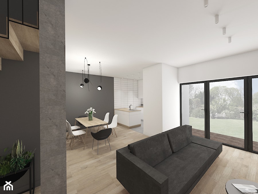 Projekt wnętrza bliźniaka - Duża biała czarna jadalnia w salonie, styl minimalistyczny - zdjęcie od Marta Malina