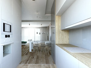Koncepcja domu jednorodzinnego, WROCŁAW - Mała otwarta biała z zabudowaną lodówką kuchnia dwurzędowa z oknem, styl nowoczesny - zdjęcie od Paleta Form